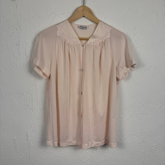 Vintage 60s Pink Satin Short Sleeve Button Blouse Medium Cottagecore Style - Picture 1 of 4